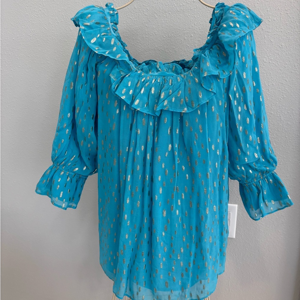 Lilly Pulitzer CeeCee on OR off the Shoulder Turquoise Metallic top Size Large - Picture 2 of 6